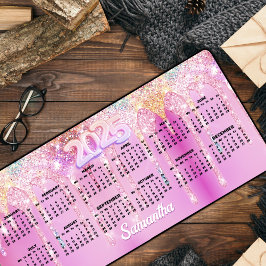 キュートホットピンクレインボーグリッタードリップスモノグラム デスクマット