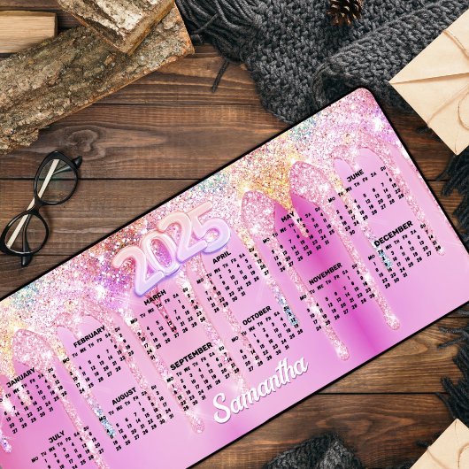 キュートホットピンクレインボーグリッタードリップスモノグラム デスクマット