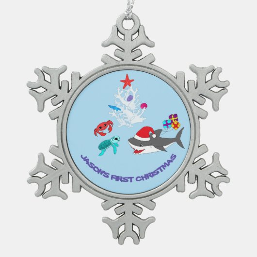 キュートホリデーシャークオーナメント スノーフレークピューターオーナメント (正面)