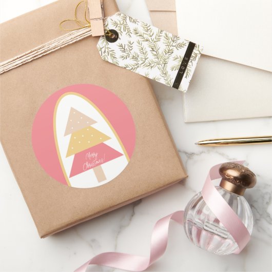キュートホリデーピンクツリー ラウンドシール (ギフト)