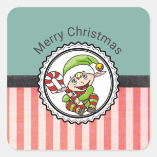 キュートホリデー小妖精や小人とキャンディーケーンメリークリスマス スクエアシール