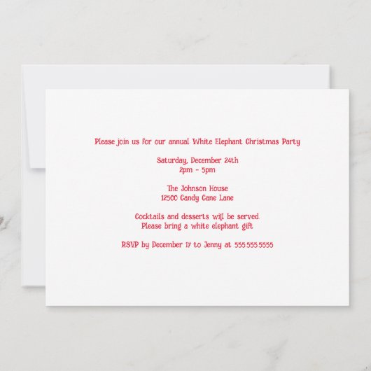 キュートホワイトエレファントクリスマスカスタムホリデーパーティー 招待状 (裏面)