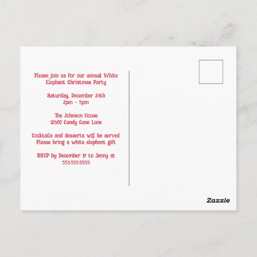 キュートホワイトエレファントパーティークリスマス招待状 ポストカード (裏面)