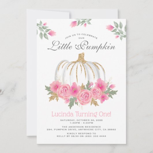 キュートホワイトカボチャフローラ1st誕生日招待状 招待状 (正面)