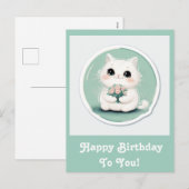 キュートホワイトキャットハッピーバースデー パーソナライズされた シーズンポストカード (正面/裏面)