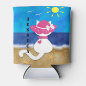 キュートホワイトキャットビーチテーマピンクボンネットクーラーボックス 缶クーラー (正面)