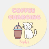 キュートホワイトキャット&コーヒおもしろいーカフェインパステル ラウンドシール (正面)