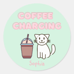 キュートホワイトキャット&コーヒおもしろいーカフェインパステル ラウンドシール