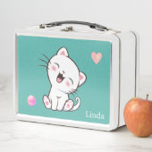 キュートホワイトキャット&ハートオンティール（緑がかった色） メタルランチボックス (インサイチュ)