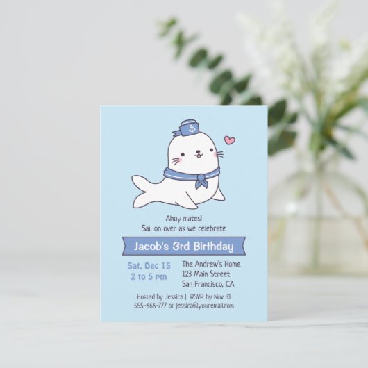 キュートホワイトシールセーラー子供の誕生日パーティー 招待状 (スタンド正面)