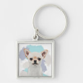 キュートホワイトチワワ抽象芸術ブルー キーホルダー (正面)