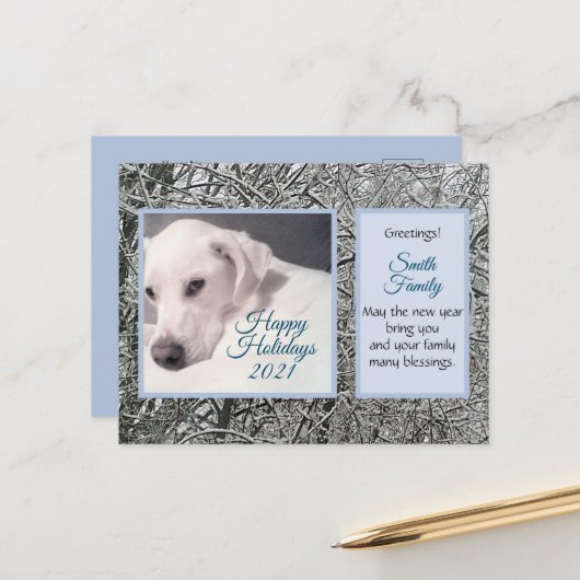 キュートホワイトドッグウィンターテーマブルー シーズンポストカード (正面/裏面インサイチュ)