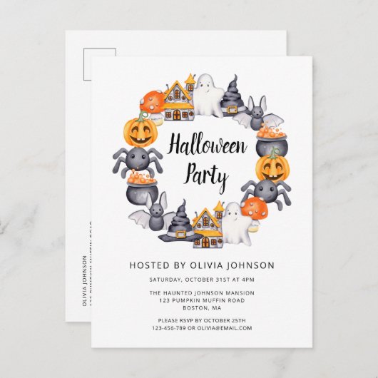 キュートホワイトハッピーハローウィンイラストレーションパーティー インビテーションポストカード (正面/裏面)
