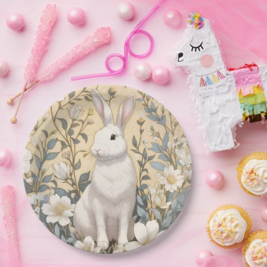 キュートホワイトバニーパステルイエローフローラ ペーパープレート (パーティー)