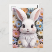 キュートホワイトバニーパステルデイジー花 ポストカード (正面/裏面)
