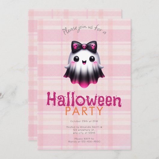 キュートホワイトピンクブラック幽霊スカルハローウィンパーティ 招待状 (正面/裏面)