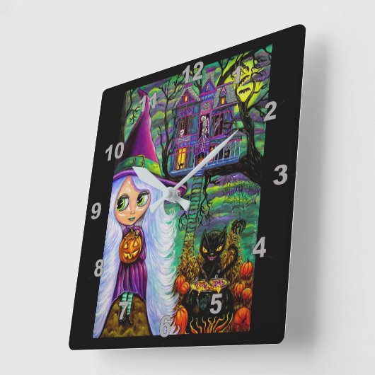 キュートホワイトヘアウィッチ幽霊のよく出るツリーハウスブラックキャット スクエア壁時計 (傾斜)