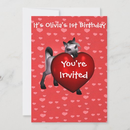 キュートホワイトポニーと赤いハート招待状 招待状 (正面)