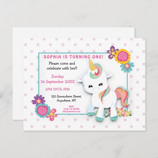 キュートホワイトユニコーンドットファースト誕生日招待状 ポストカード (正面/裏面)