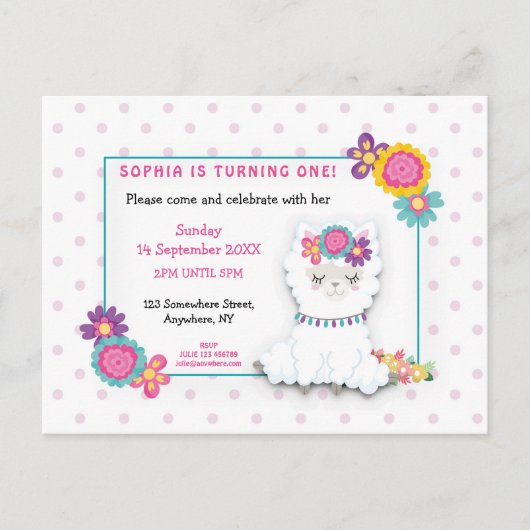 キュートホワイトラマドットファースト誕生日招待状 ポストカード (正面)