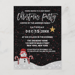 キュートホワイトレッド雪だるまナイトスカイグリッタークリスマス シーズンポストカード
