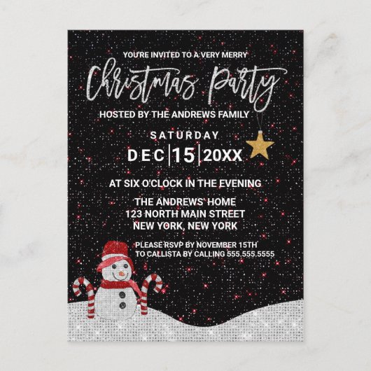 キュートホワイトレッド雪だるまナイトスカイグリッタークリスマス シーズンポストカード (正面)