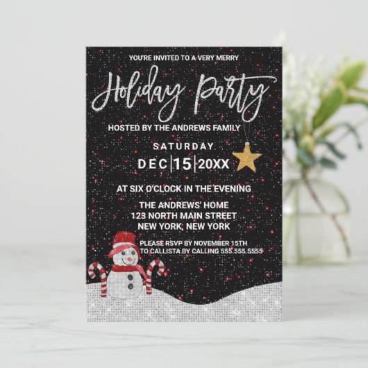 キュートホワイトレッド雪だるまナイトスカイグリッターホリディーズ 招待状 (スタンド正面)