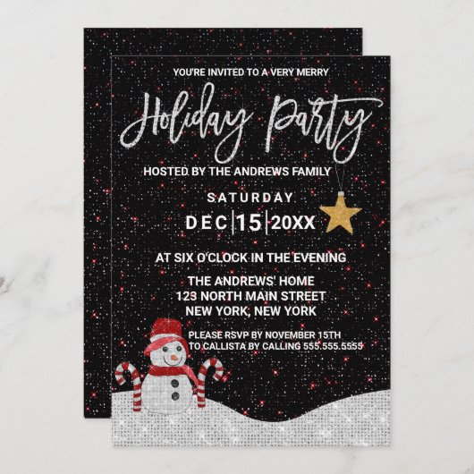 キュートホワイトレッド雪だるまナイトスカイグリッターホリディーズ 招待状 (正面/裏面)