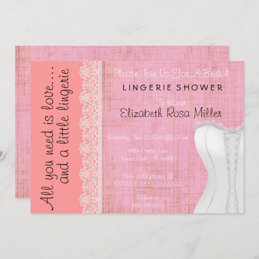 キュートホワイトレースコルセットランジェリーブライダルシャワー 招待状 (正面/裏面)