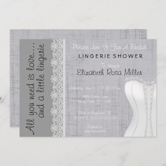 キュートホワイトレースコルセットランジェリーブライダルシャワー 招待状 (正面/裏面)