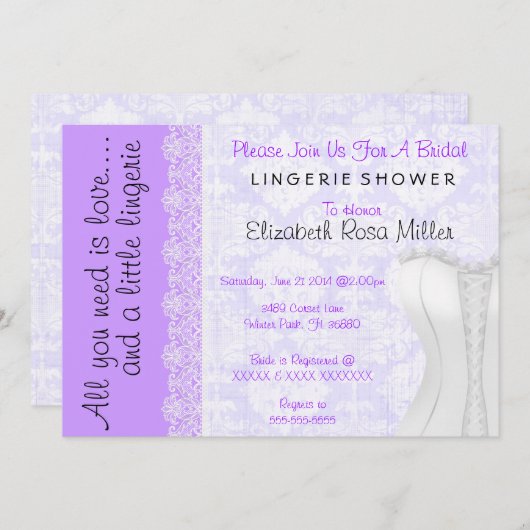 キュートホワイトレースコルセットランジェリーブライダルシャワー 招待状 (正面/裏面)