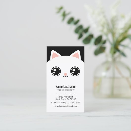 キュートホワイト子猫顔ペットシッターテンプレート 名刺 (スタンド正面)