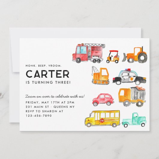 キュートホンクビープVroom輸送子供の誕生日 招待状 (正面)