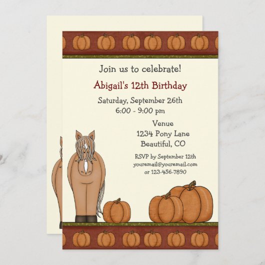 キュートホースと秋カボチャ秋誕生日 招待状 (正面/裏面)