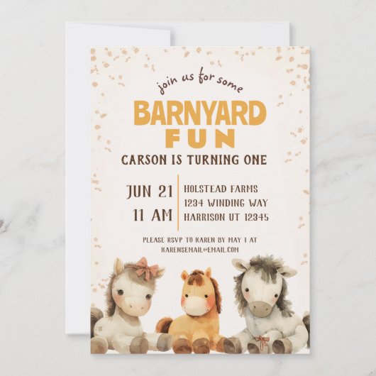 キュートホースファーム納屋周囲の庭ファースト誕生日 招待状 (正面)