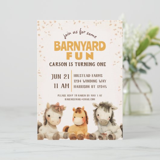 キュートホースファーム納屋周囲の庭ファースト誕生日 招待状 (スタンド正面)