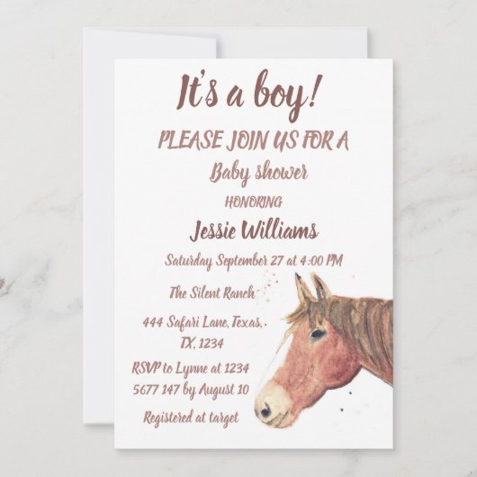 キュートホースボーホランチ男の赤ちゃんウエスタンポニーインヴィータ 招待状 (正面)