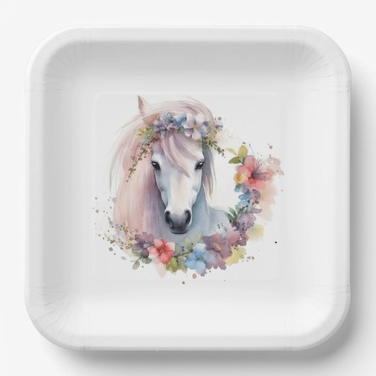 キュートホースポニーフラワーズ子供の誕生日パーティー ペーパープレート (正面)