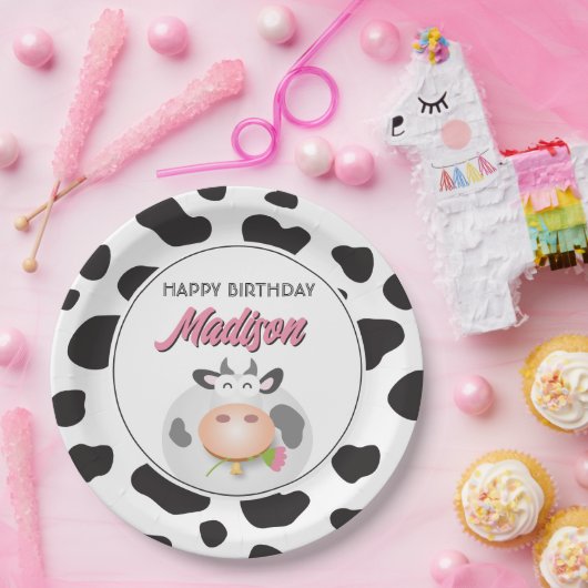キュートホーリーカウファームテーマ牛プリントハッピーバースデー ペーパープレート (パーティー)