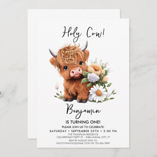 キュートホーリーカウフラワーズ誕生日 招待状 (正面/裏面)