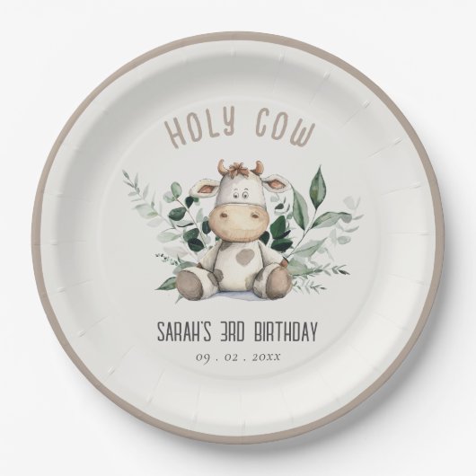 キュートホーリーカウリーフパステルニュートラル子供の誕生日 ペーパープレート (正面)