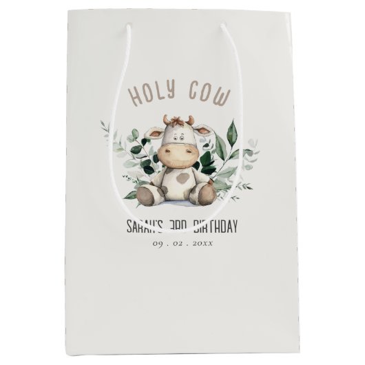 キュートホーリーカウリーフパステルニュートラル子供の誕生日 ミディアムペーパーバッグ (正面)