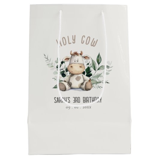 キュートホーリーカウリーフパステルニュートラル子供の誕生日 ミディアムペーパーバッグ (裏面)