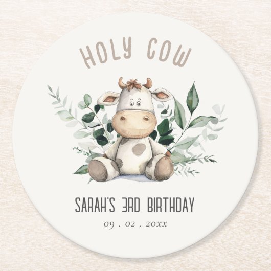 キュートホーリーカウリーフパステルニュートラル子供の誕生日 ラウンドペーパーコースター (正面)