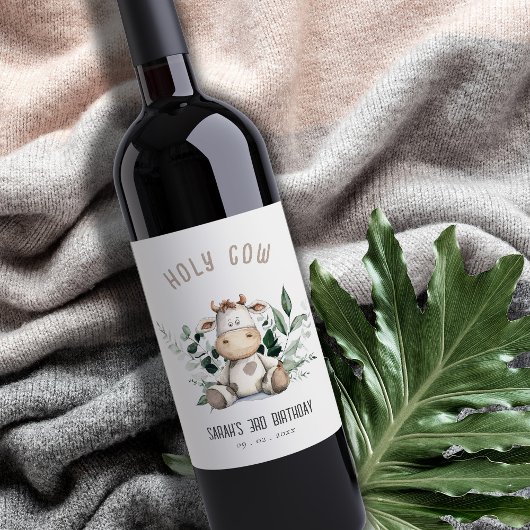 キュートホーリーカウリーフパステルニュートラル子供の誕生日 ワインラベル