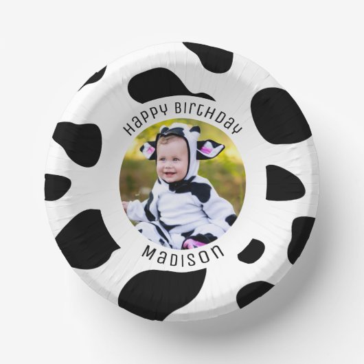 キュートホーリーカウープリントファームハッピーバースデー写真 ペーパーボウル (正面)