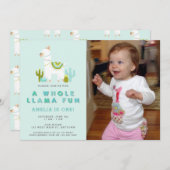 キュートホールラマおもしろいアクアファースト誕生日写真 招待状 (正面/裏面)