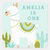 キュートホールラマおもしろいアクア1歳の誕生日のお願い スクエアシール (正面)