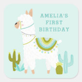 キュートホールラマおもしろいアクア1stバースデーパーティーのお願い スクエアシール (正面)