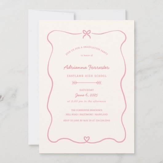 キュートボウハートガーリーピンク卒業パーティー 招待状 (正面)